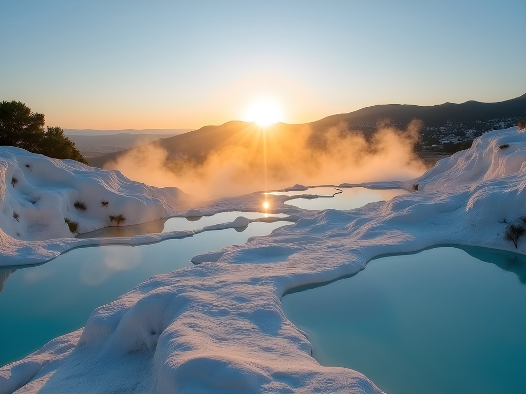 Early morning light illuminating the white calcium terraces of Pamukkale with steam rising from thermal waters