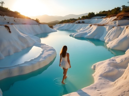 Solo traveler carefully walking through shallow blue thermal pools on white calcium terraces at Pamukkale