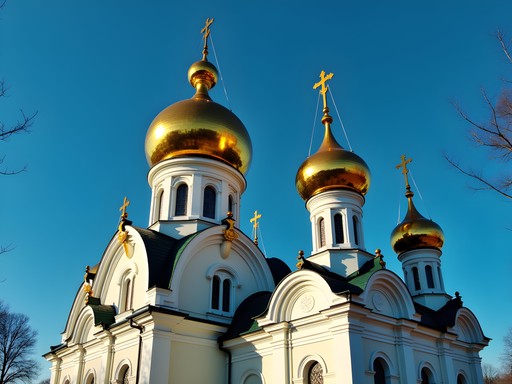 Golden domes of St. Vladimir Ukrainian Orthodox Cathedral in Parma against blue spring sky