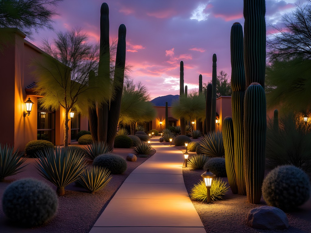 Twilight at Desert Botanical Garden with illuminated cacti and desert plants