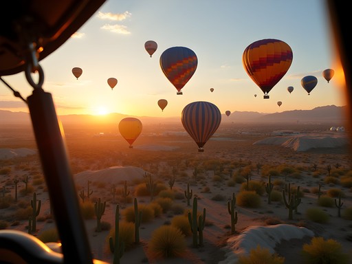 Hot air balloons floating over Sonoran Desert at sunrise near Phoenix