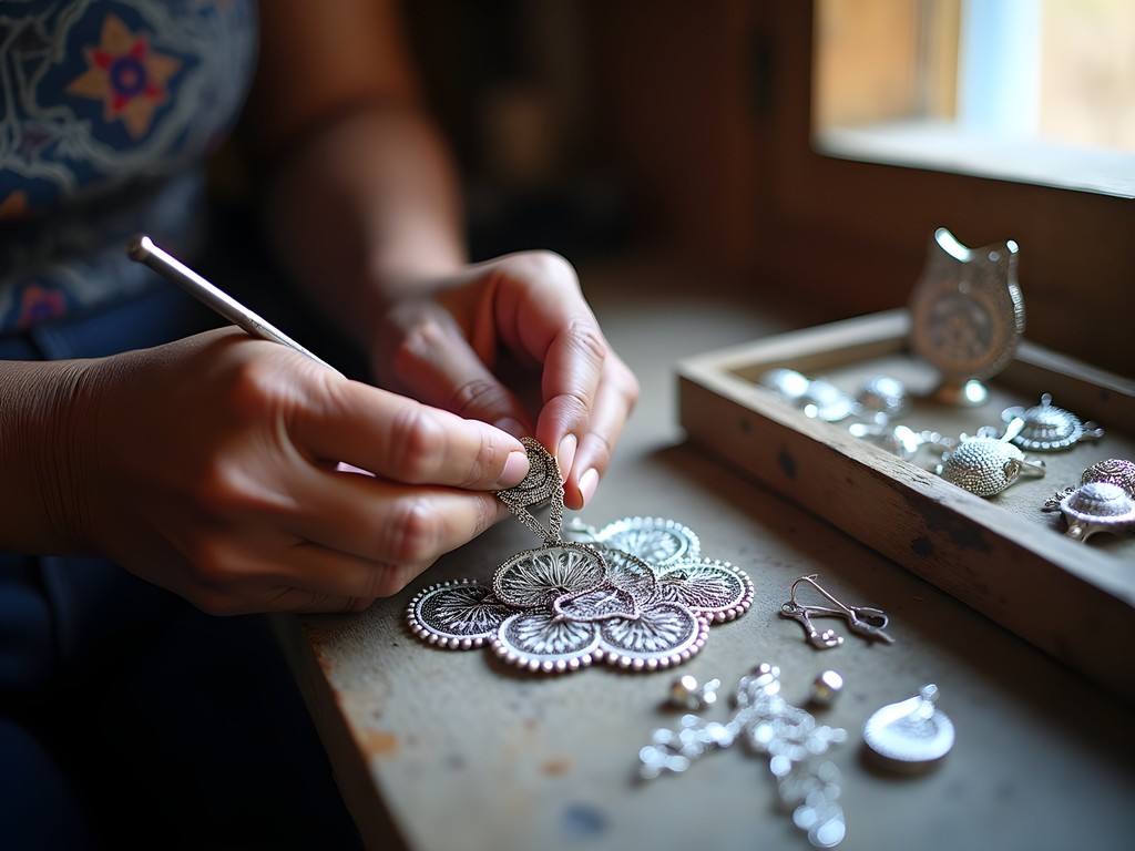 Intricate silver filigree jewelry being crafted by artisan in Catacaos workshop