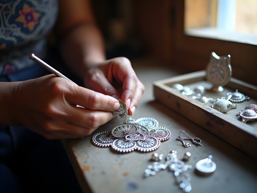 Intricate silver filigree jewelry being crafted by artisan in Catacaos workshop