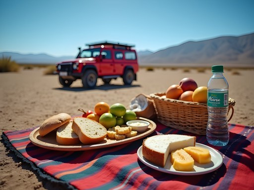 Picnic spread on colorful blanket with desert landscape and 4WD vehicle in background