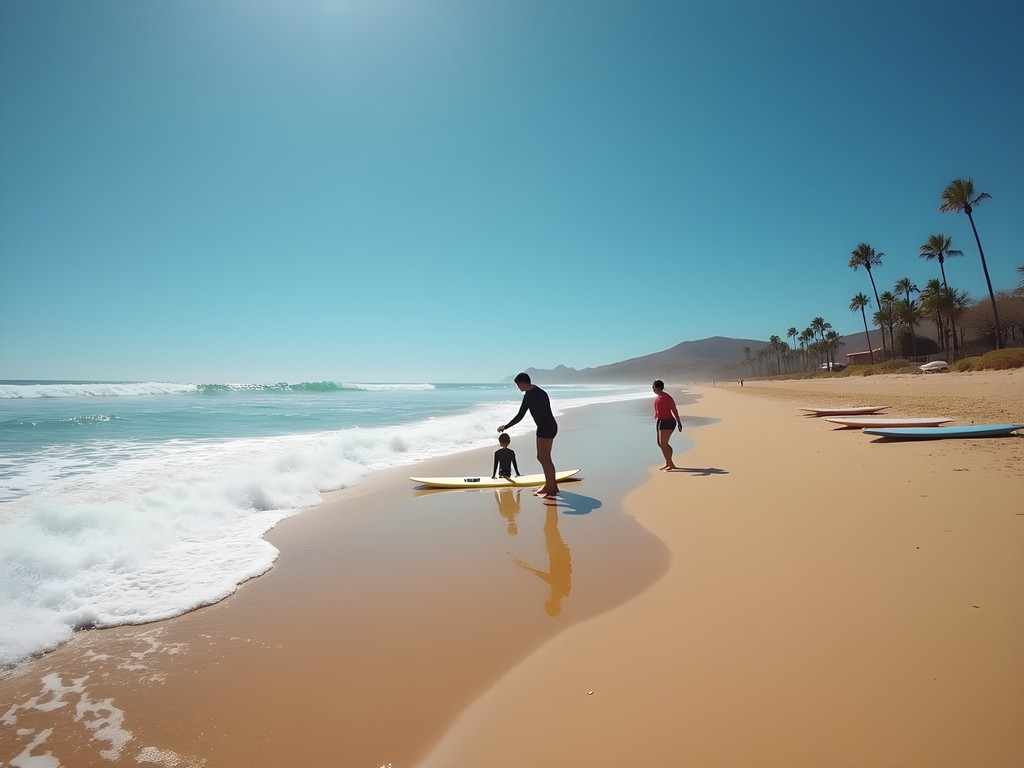 Woman learning to surf on Máncora beach with instructor and gentle waves