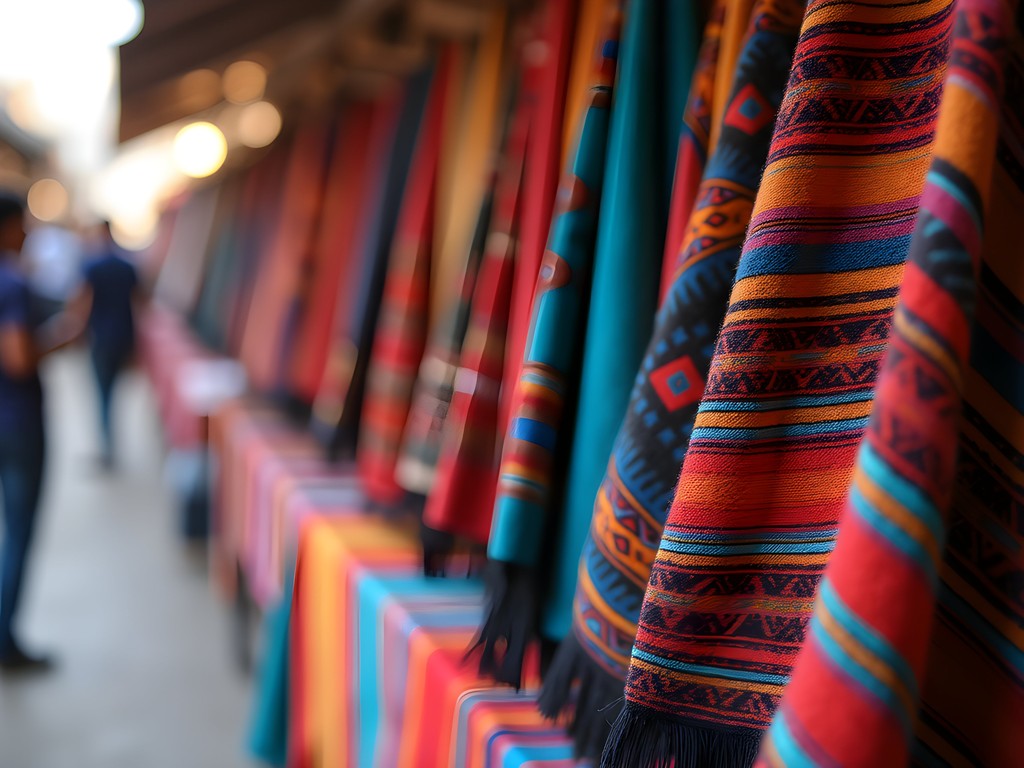 Colorful Peruvian textiles at Piura market with vibrant patterns and handwoven details