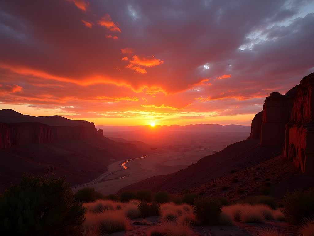 Dramatic sunset over Quebrada de Talara canyon with red rock formations and golden light