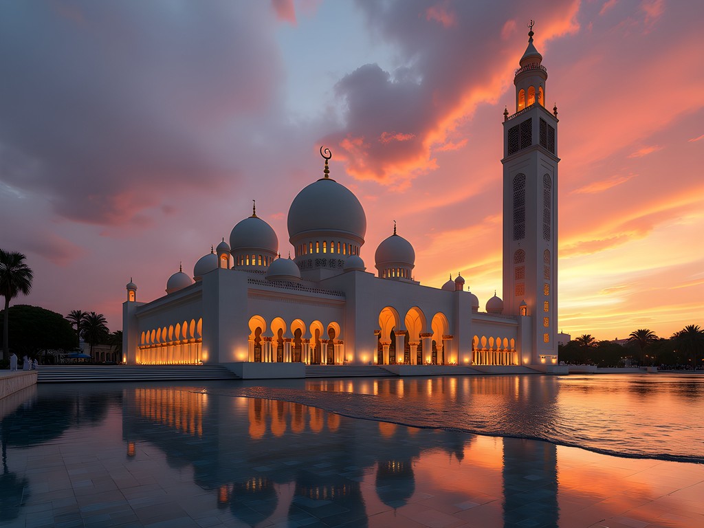 Hassan II Mosque at sunset with Atlantic Ocean waves, Casablanca, Morocco