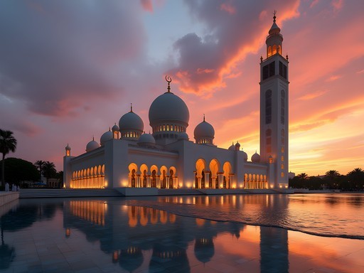 Hassan II Mosque at sunset with Atlantic Ocean waves, Casablanca, Morocco