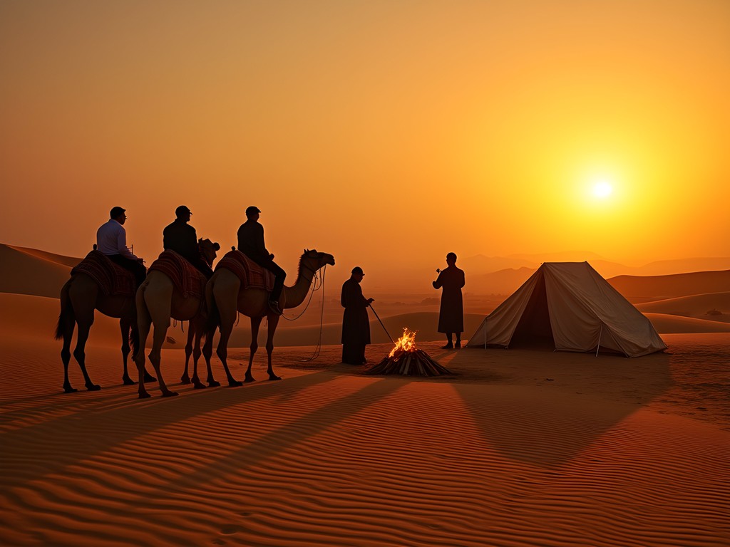 Traditional Berber desert camp at sunset with camels silhouetted against dunes near Essaouira, Morocco