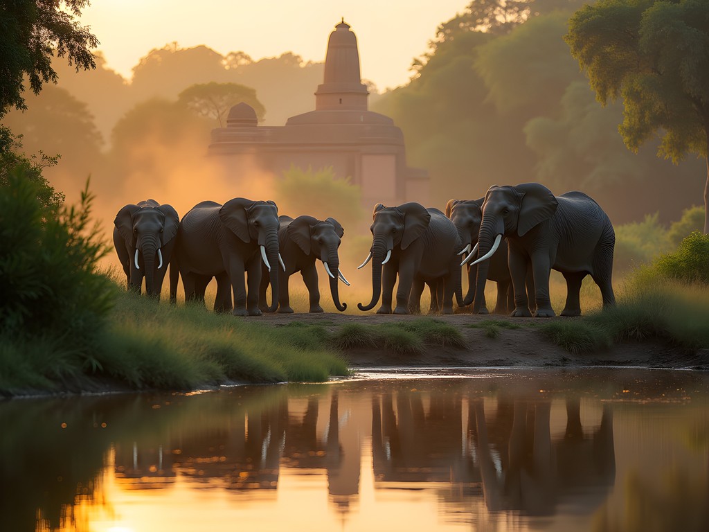 Wild elephants gathering at ancient reservoir near Polonnaruwa, Sri Lanka