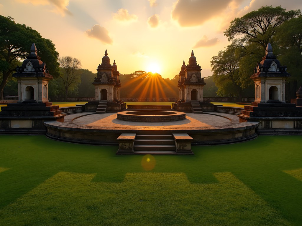 Ancient Vatadage circular relic house at sunrise in Polonnaruwa, Sri Lanka