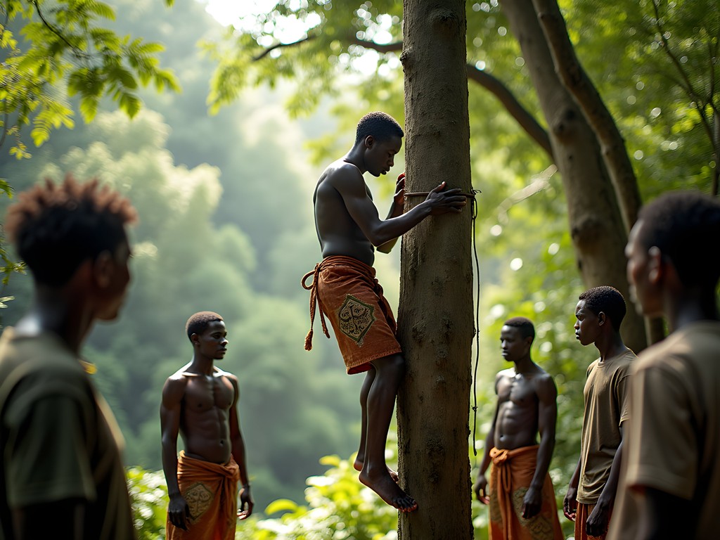Baka guide demonstrating traditional honey gathering techniques in Gabon rainforest