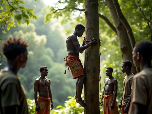 Baka guide demonstrating traditional honey gathering techniques in Gabon rainforest