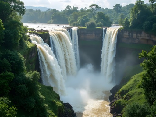 Kongou Falls in Ivindo National Park with expedition group on viewing platform