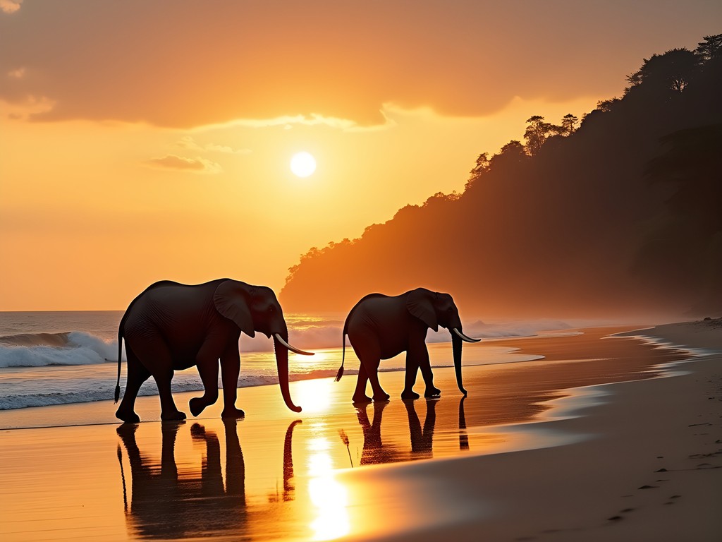 Forest elephants walking along beach at sunset in Loango National Park, Gabon