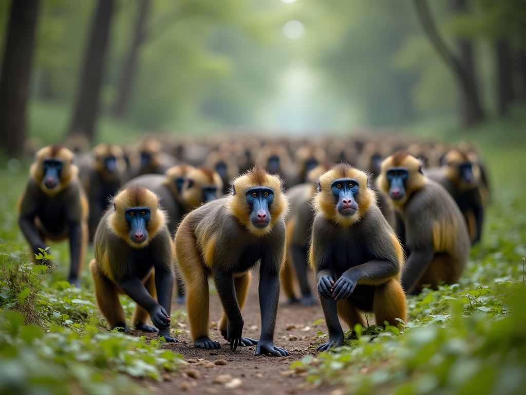 Large group of mandrills foraging in forest clearing in Lopé National Park