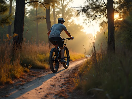 Fat tire bike on narrow trail through diverse ecosystems at Savannas Preserve State Park