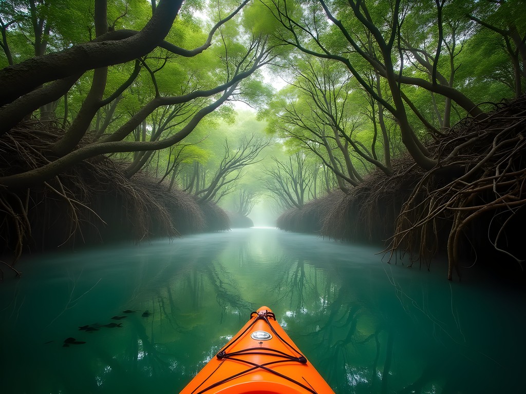 Narrow mangrove tunnel kayaking route in Port St. Lucie with filtered green light