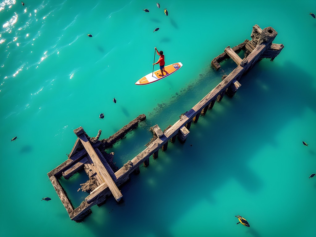 Paddleboarder above shallow shipwreck with clear visibility in Port St. Lucie waters