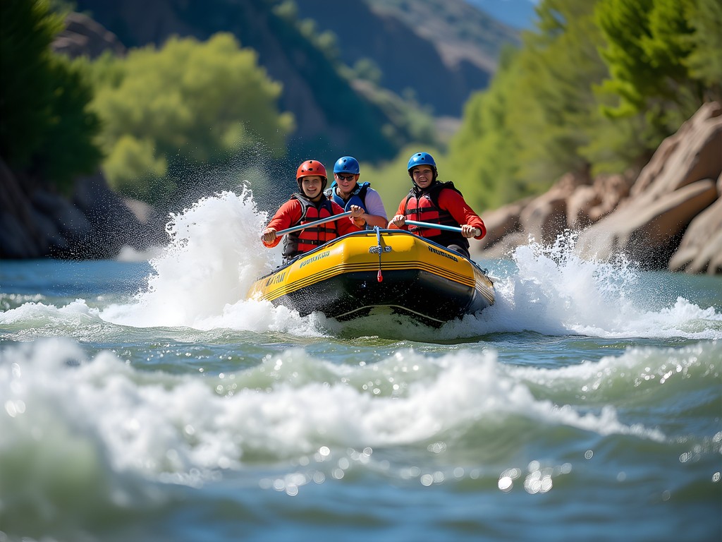 Family white water rafting on the Provo River with splashing water and smiling faces