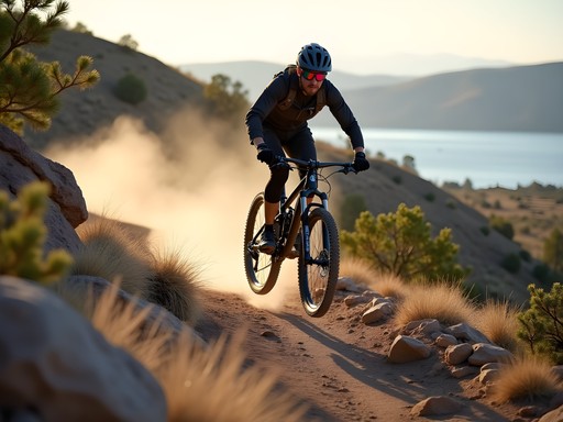 Mountain biker navigating technical singletrack with Lake Pueblo reservoir views in background
