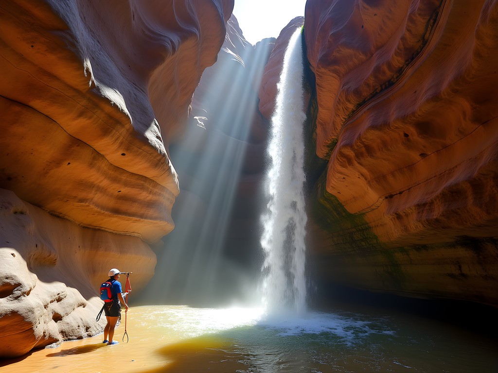 Canyoneers rappelling down waterfall in narrow slot canyon near Pueblo, Colorado