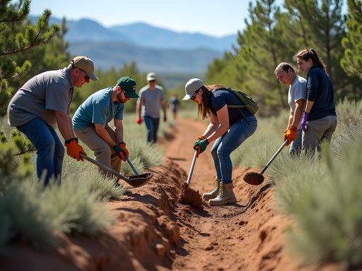 Group of volunteers maintaining mountain bike trails in Lake Pueblo State Park