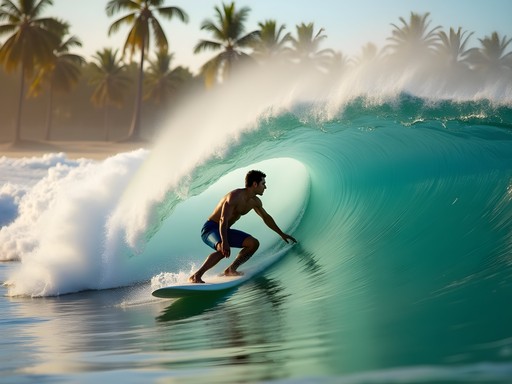 Surfer riding wave at Encuentro Beach Puerto Plata with palm trees in background