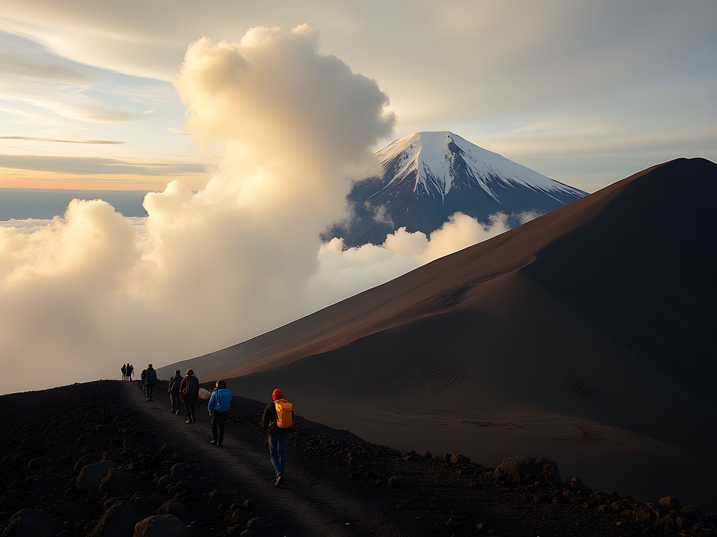 Hikers ascending Cotopaxi volcano with snow-capped peak visible through clouds