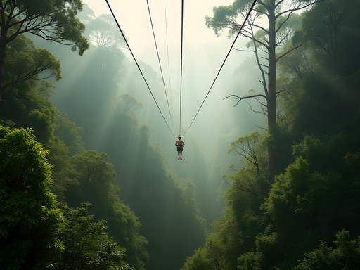Zipline adventure through misty Mindo cloud forest canopy