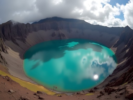 Turquoise waters of Quilotoa crater lake surrounded by volcanic rim