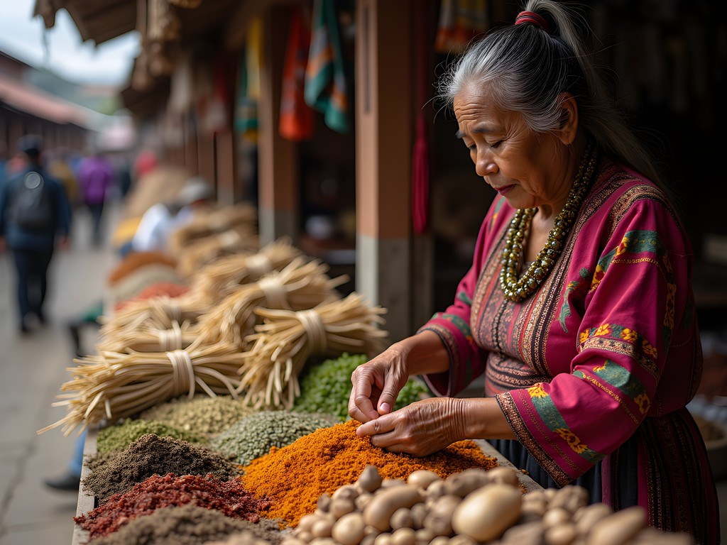 Colorful display of medicinal herbs and plants at Quito traditional market