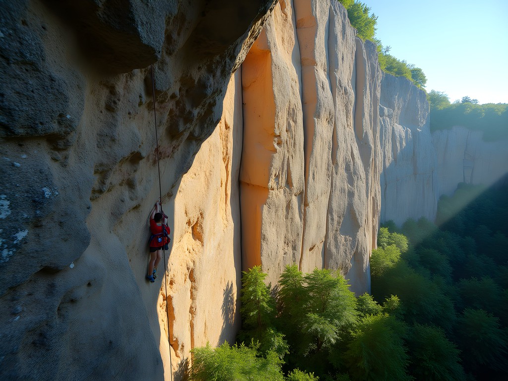 Climber ascending vertical metamorphic rock face at Birdsboro Quarry Reading Pennsylvania