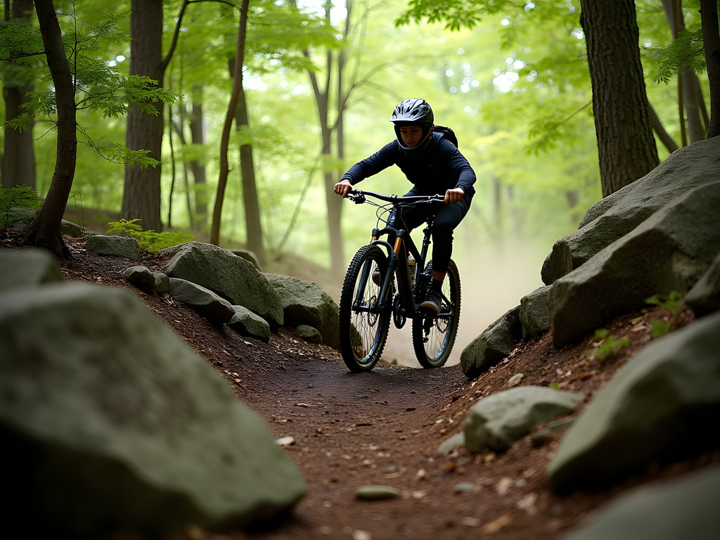 Mountain biker navigating rocky technical trail on Neversink Mountain Reading Pennsylvania