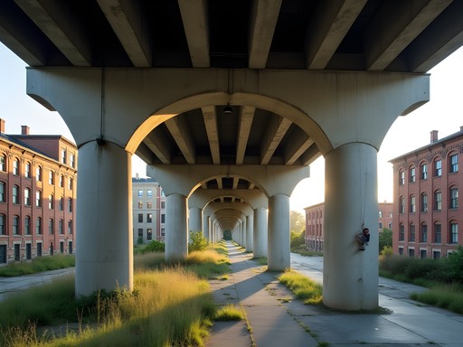 Climber bouldering on historic concrete viaduct pillars in Reading Pennsylvania