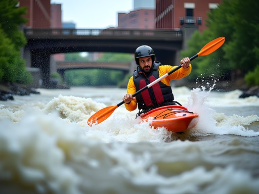 Kayaker navigating whitewater rapids on Schuylkill River in Reading Pennsylvania with urban backdrop
