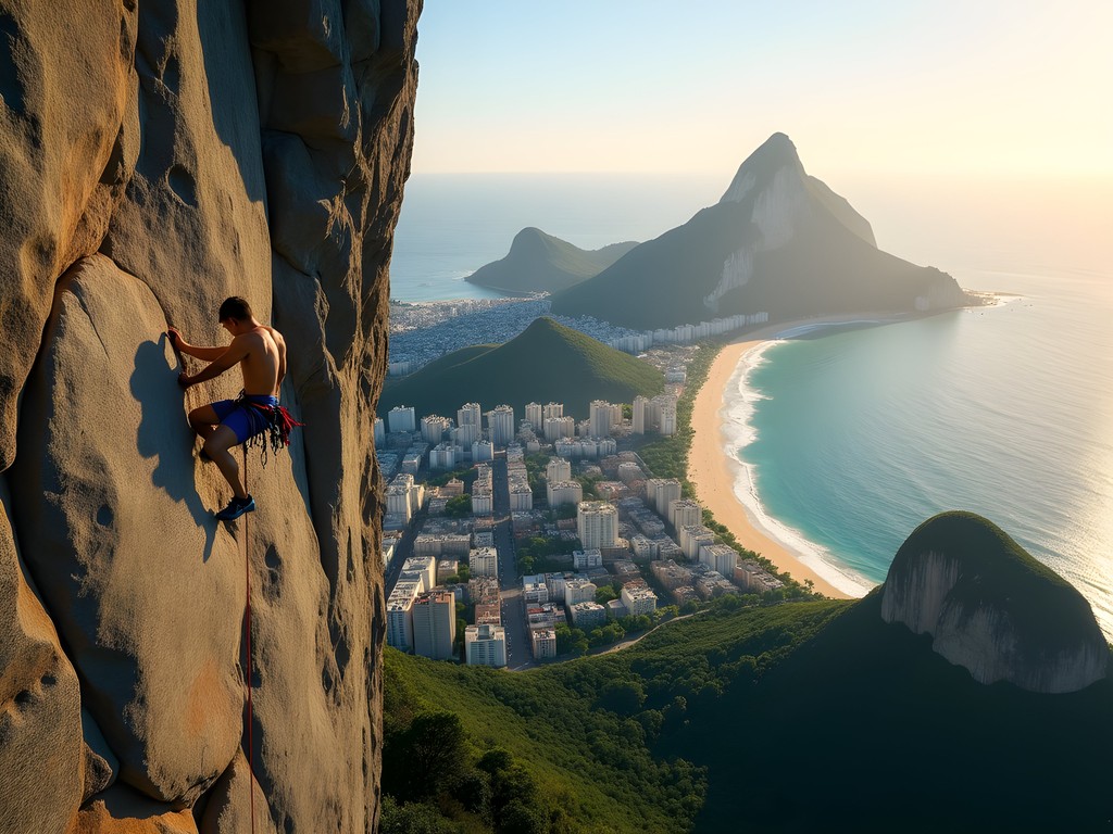 Rock climbing on the granite face of Morro da Urca in Rio de Janeiro