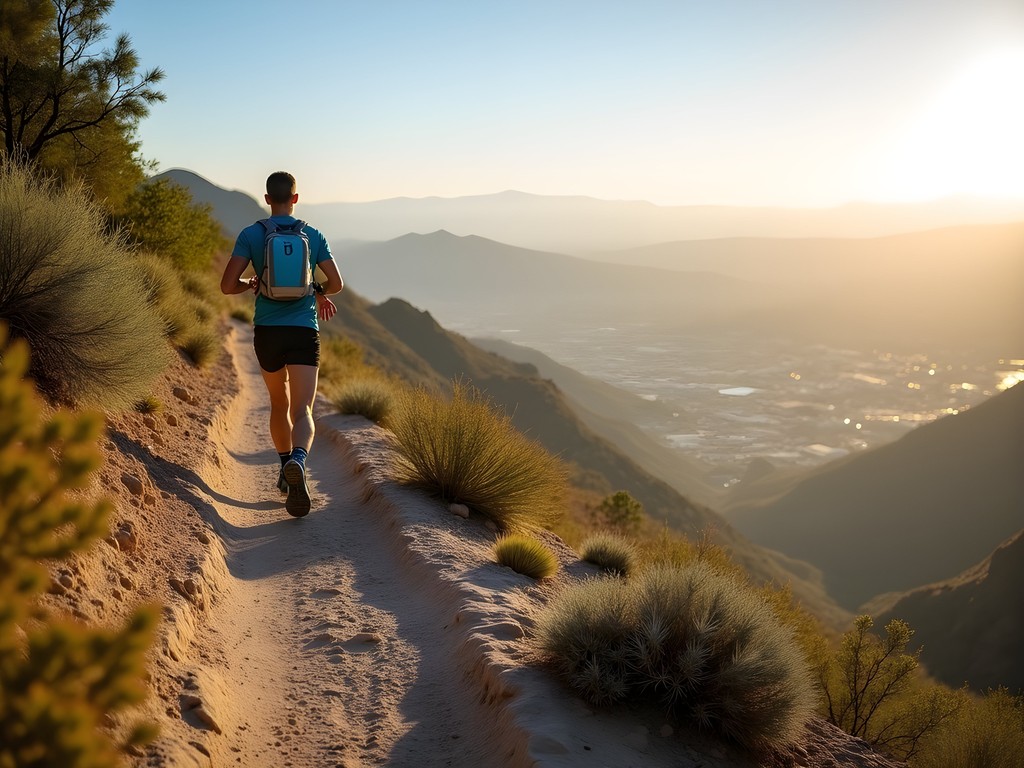 Trail runner on rocky path at Box Springs Mountain Reserve with Riverside valley views