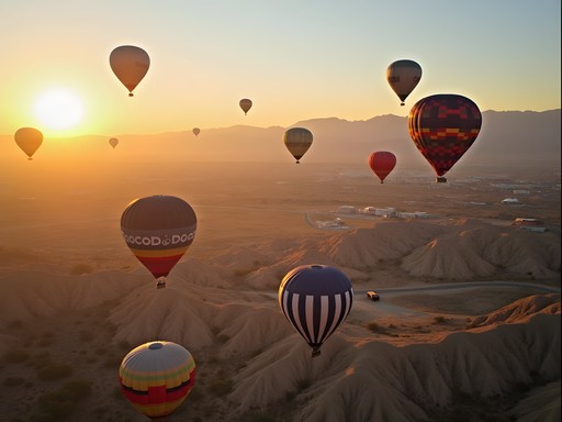 Hot air balloons floating over Riverside desert landscape at sunrise