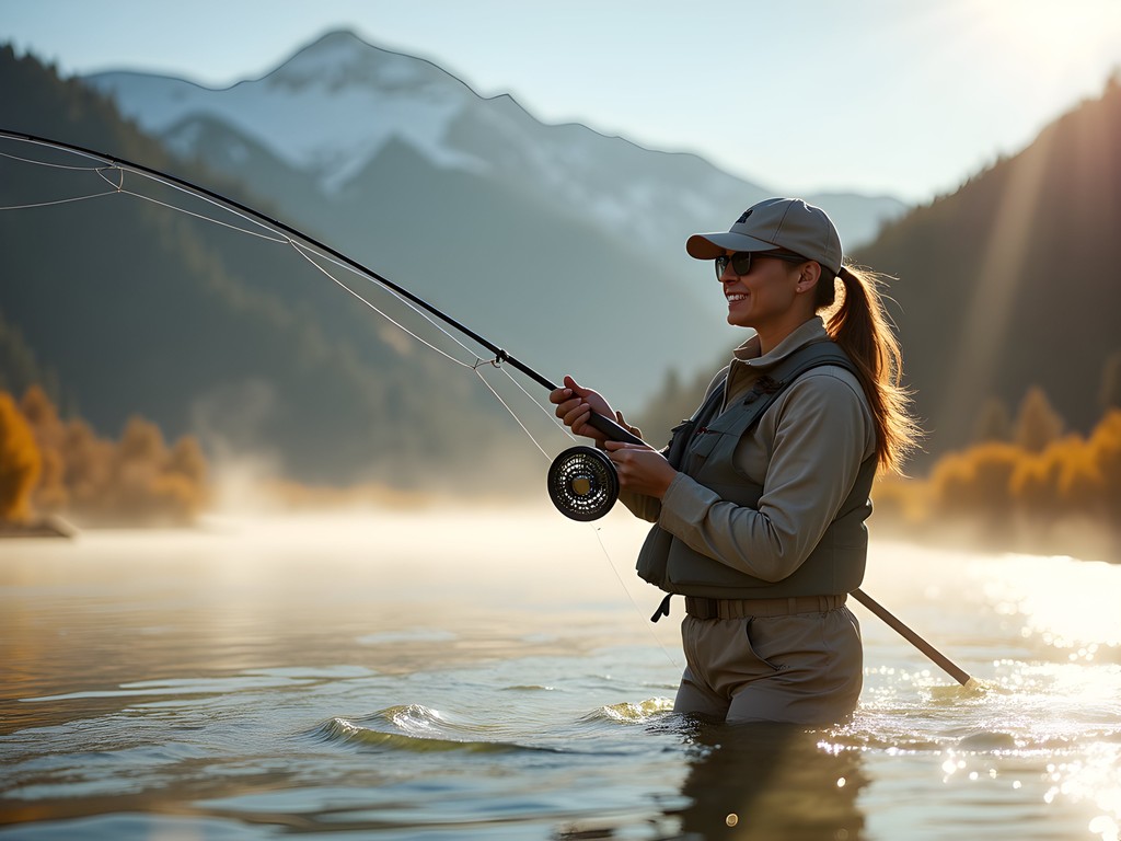 Woman fly fishing in Wind River with mountains in background
