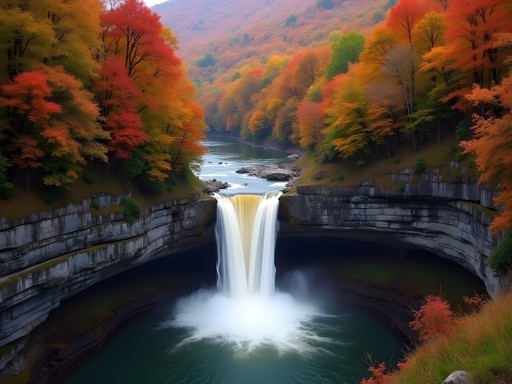 Bottom Creek Gorge waterfall surrounded by vibrant fall foliage in Virginia