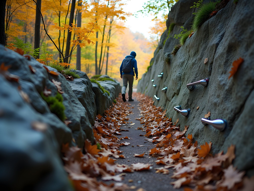 Hiker navigating rock scramble section on Dragon's Tooth trail with fall foliage backdrop