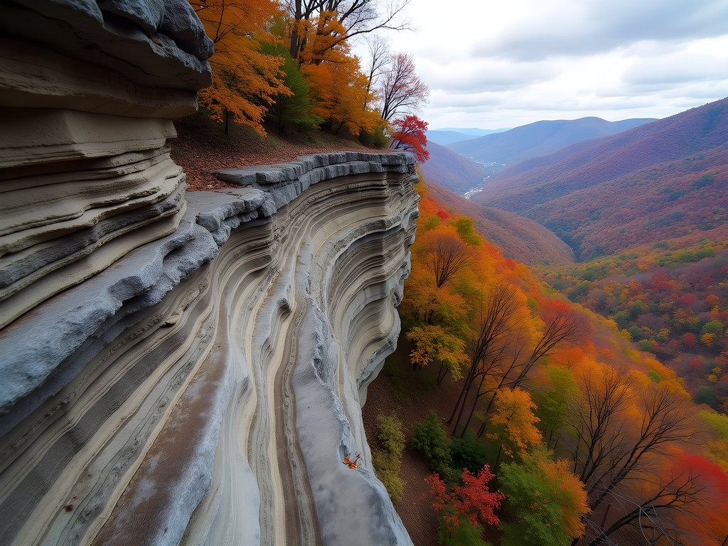 Exposed quartzite rock formations along Tinker Ridge with fall foliage and valley views