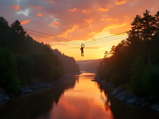 Zip line crossing over Catawba River at sunset in Rock Hill, South Carolina