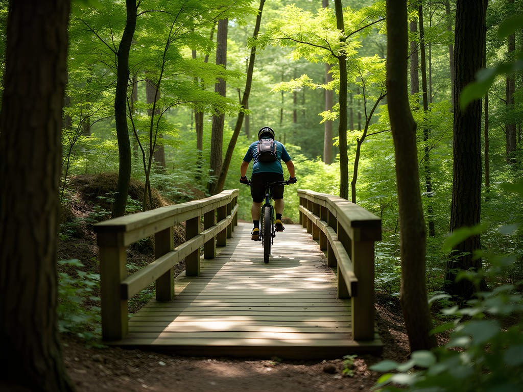 Mountain biker navigating wooden features on Rocky Branch Trail in Rock Hill