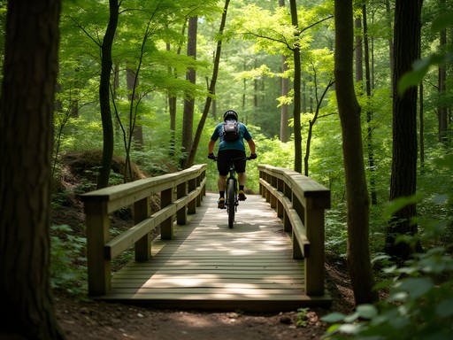 Mountain biker navigating wooden features on Rocky Branch Trail in Rock Hill