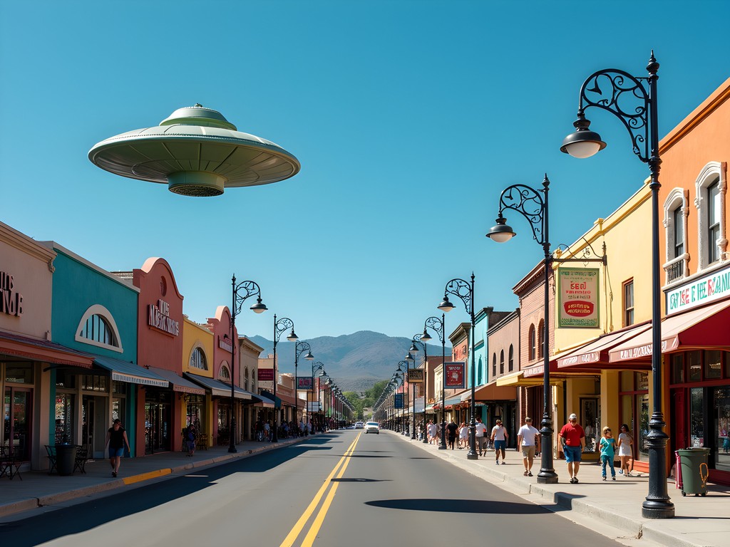 Downtown Roswell street view with alien-themed streetlamps and storefronts