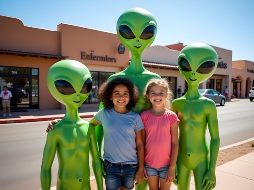 Family posing with alien sculptures in downtown Roswell