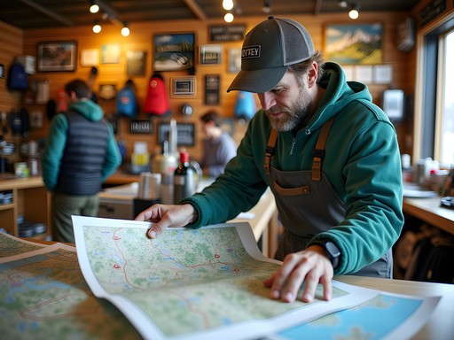 Adventure planning with maps and gear at a local Saint Cloud outfitter shop